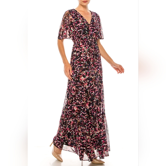 Donna Morgan Navy Pink Animal Print Short Sleeve Maxi Dress - Picture 3 of 5